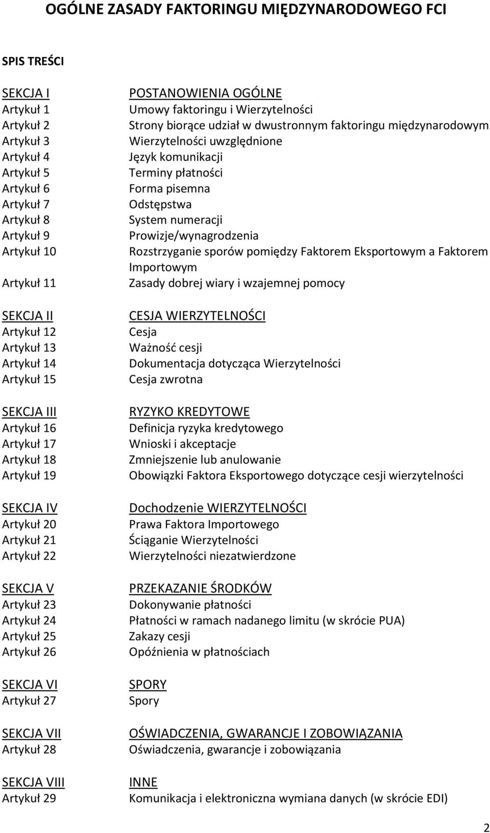 Artykuł 27 SEKCJA VII Artykuł 28 SEKCJA VIII Artykuł 29 POSTANOWIENIA OGÓLNE Umowy faktoringu i Wierzytelności Strony biorące udział w dwustronnym faktoringu międzynarodowym Wierzytelności