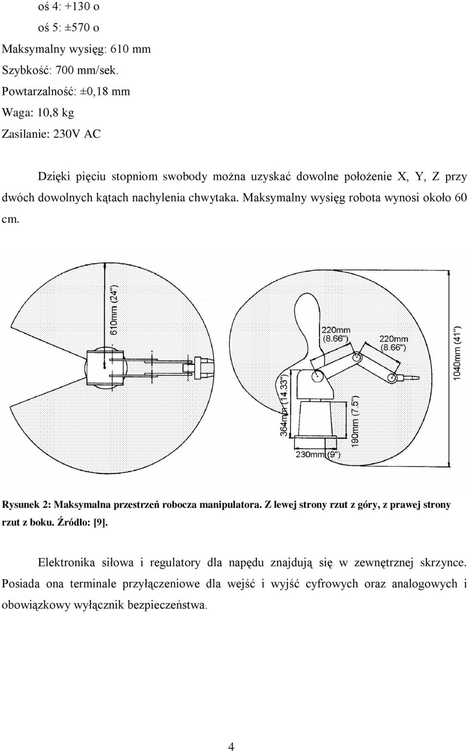 nachylenia chwytaka. Maksymalny wysięg robota wynosi około 60 cm. Rysunek 2: Maksymalna przestrzeń robocza manipulatora.