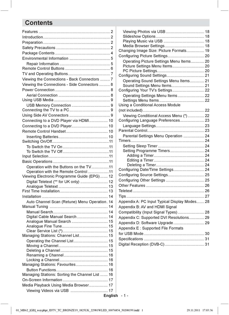 .. 5 Picture Settings Menu Items... 20 Remote Control Buttons... 6 PC Picture Settings... 20 TV and Operating Buttons... 7 Confi guring Sound Settings... 21 Viewing the Connections - Back Connectors.