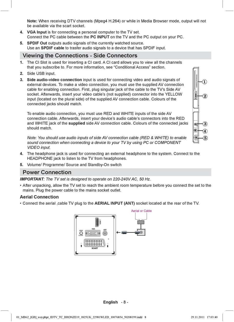 Use an SPDIF cable to trasfer audio signals to a device that has SPDIF input. Viewing the Connections - Side Connectors 1. The CI Slot is used for inserting a CI card.