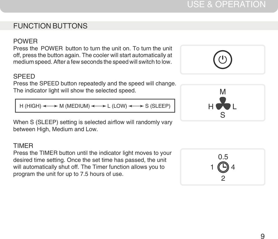 M H (HIGH) M (MEDIUM) L (LOW) S (SLEEP) H L S When S (SLEEP) setting is selected airflow will randomly vary between High, Medium and Low.