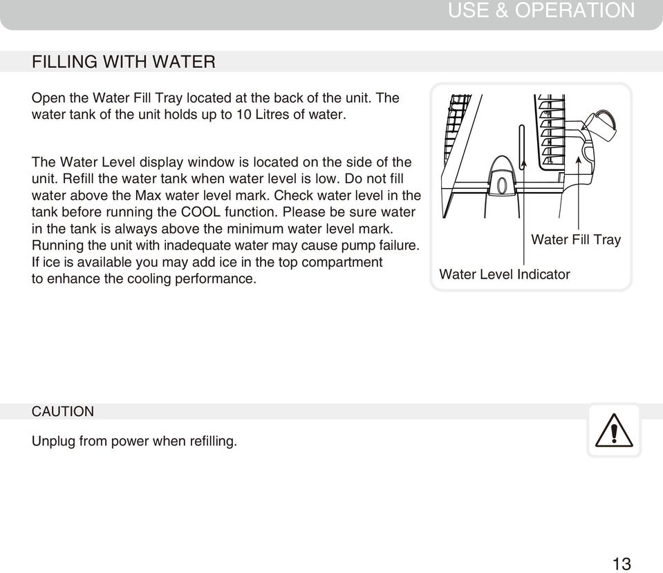 Check water level in the tank before running the COOL function. Please be sure water in the tank is always above the minimum water level mark.