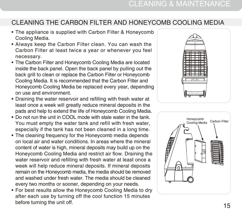 Open the back panel by pulling out the back grill to clean or replace the Carbon Filter or Honeycomb Cooling Media.