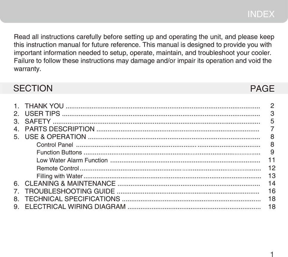 Failure to follow these instructions may damage and/or impair its operation and void the warranty. SECTION PAGE 1. THANK YOU... 2. USER TIPS... 3. SAFETY... 4. PARTS DESCRIPTION... 5.