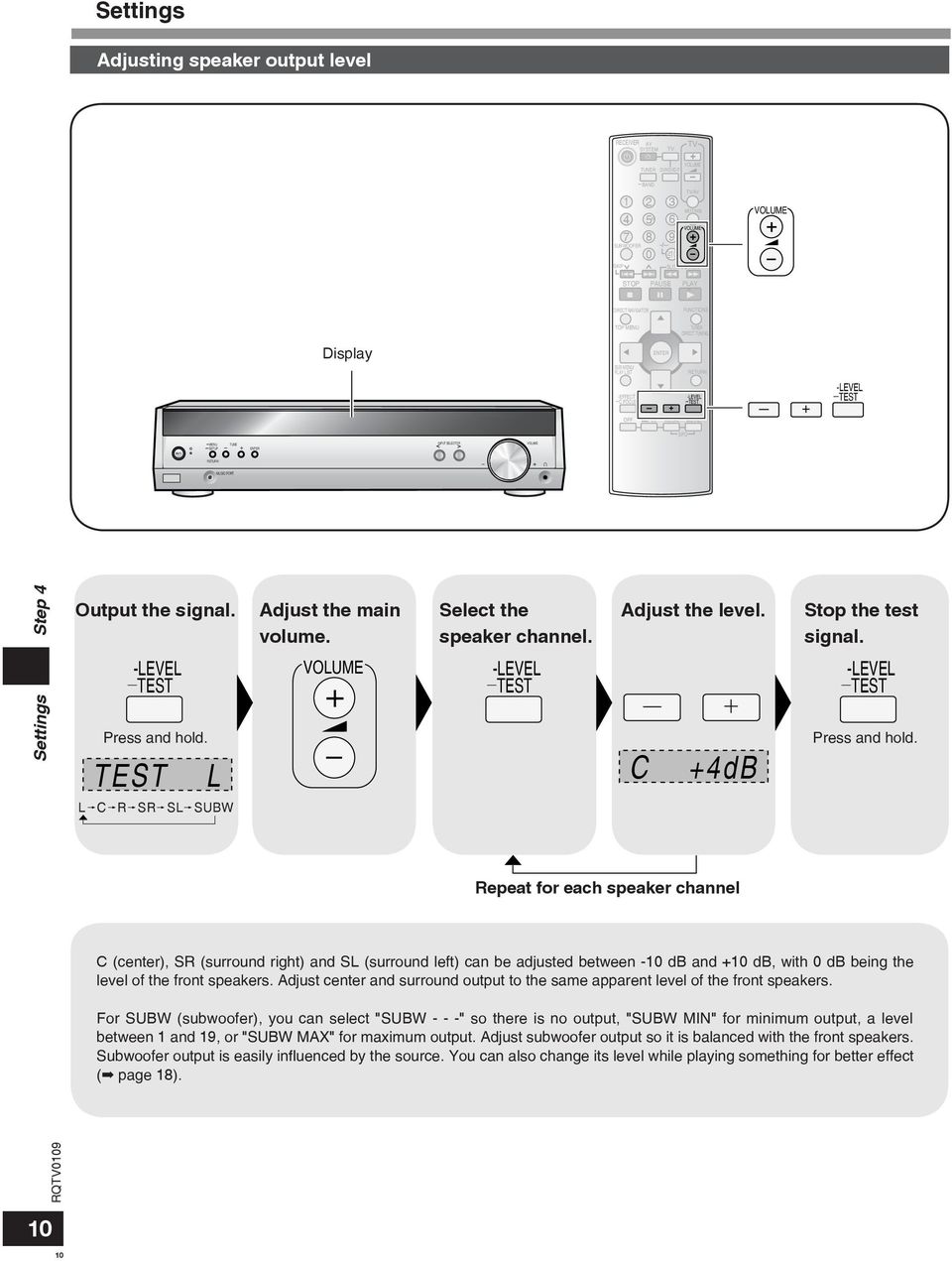 Select the speaker channel. Adjust the level. Stop the test signal. Press and hold.