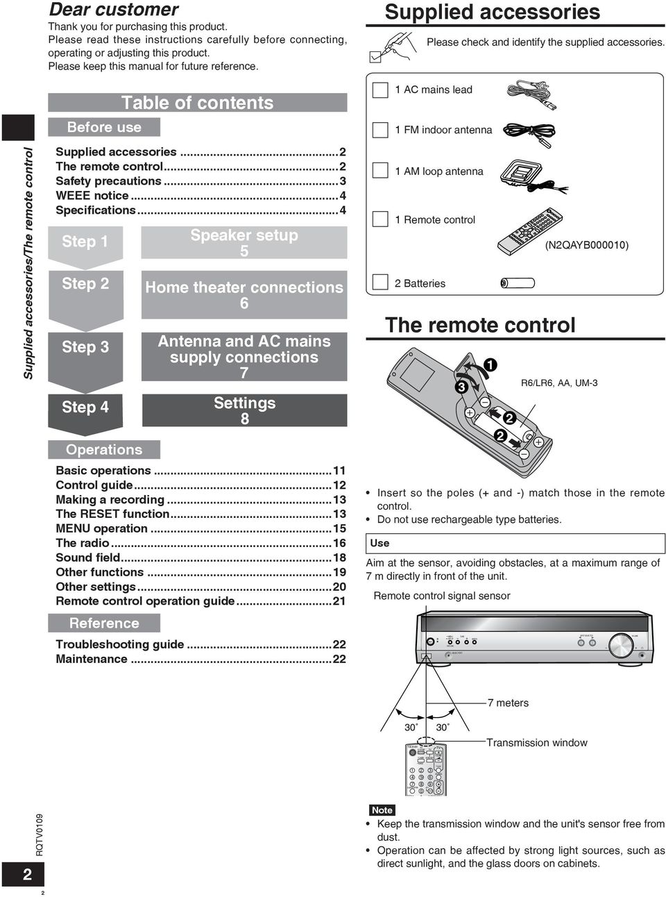 Supplied accessories Please check and identify the supplied accessories. Supplied accessories/the remote control Before use Supplied accessories...2 The remote control...2 Safety precautions.