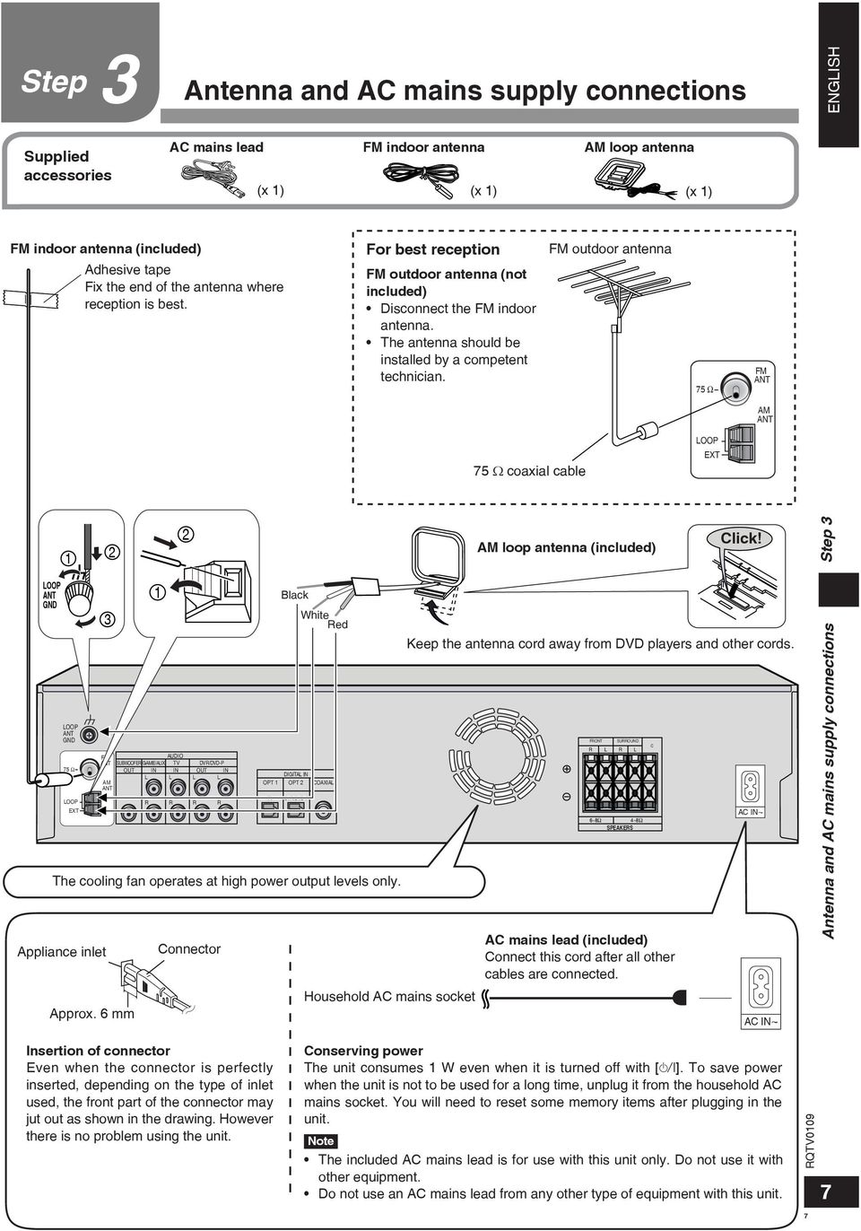 FM outdoor antenna 5 Ω FM ANT AM ANT 5 Ω coaxial cable LOOP EXT LOOP ANT GND 1 LOOP ANT GND 5 Ω LOOP EXT 3 FM ANT 2 AM ANT AUDIO SUBWOOFER GAME/AUX DVR/DVD-P OUT IN IN OUT IN L L L L R 1 R 2 R R OPT