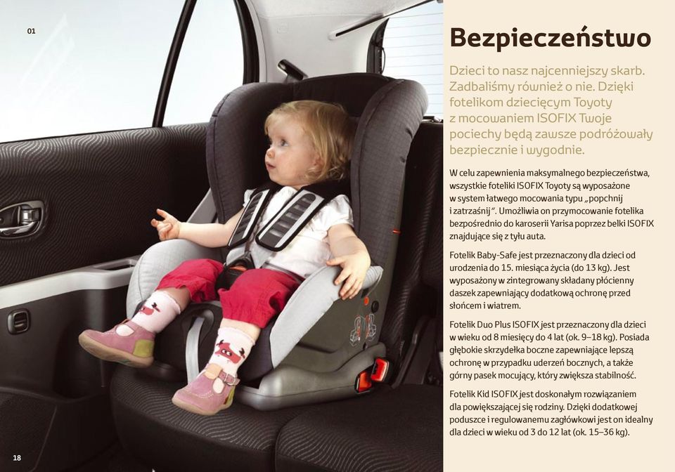 Umożliwia on przymocowanie fotelika bezpośrednio do karoserii Yarisa poprzez belki ISOFIX znajdujące się z tyłu auta. Fotelik Baby-Safe jest przeznaczony dla dzieci od urodzenia do 15.