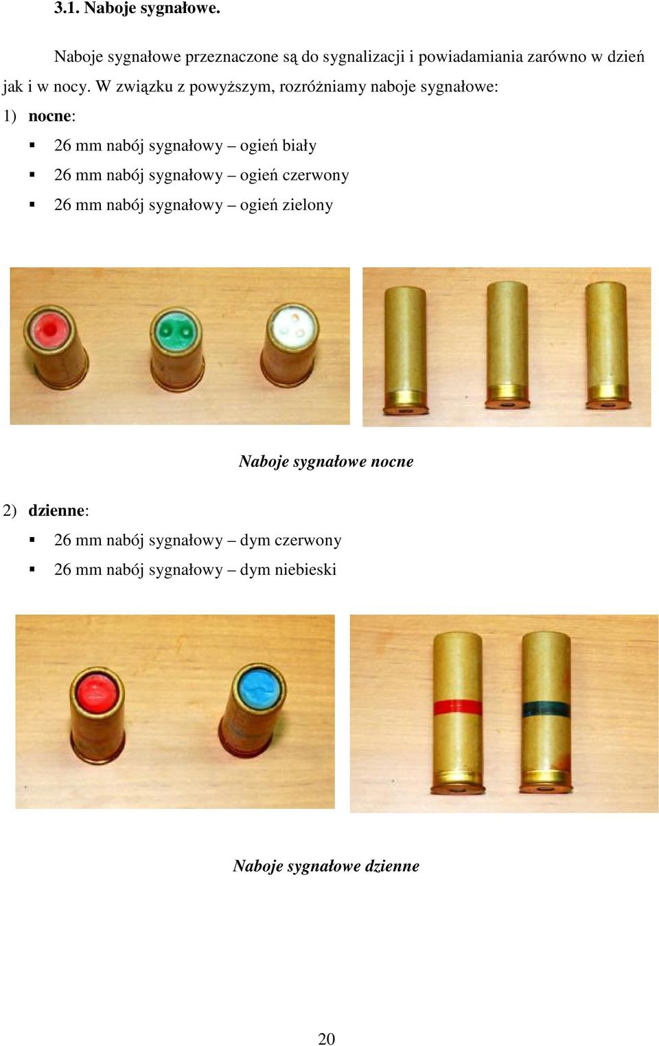 W związku z powyŝszym, rozróŝniamy naboje sygnałowe: 1) nocne: 26 mm nabój sygnałowy ogień biały 26 mm