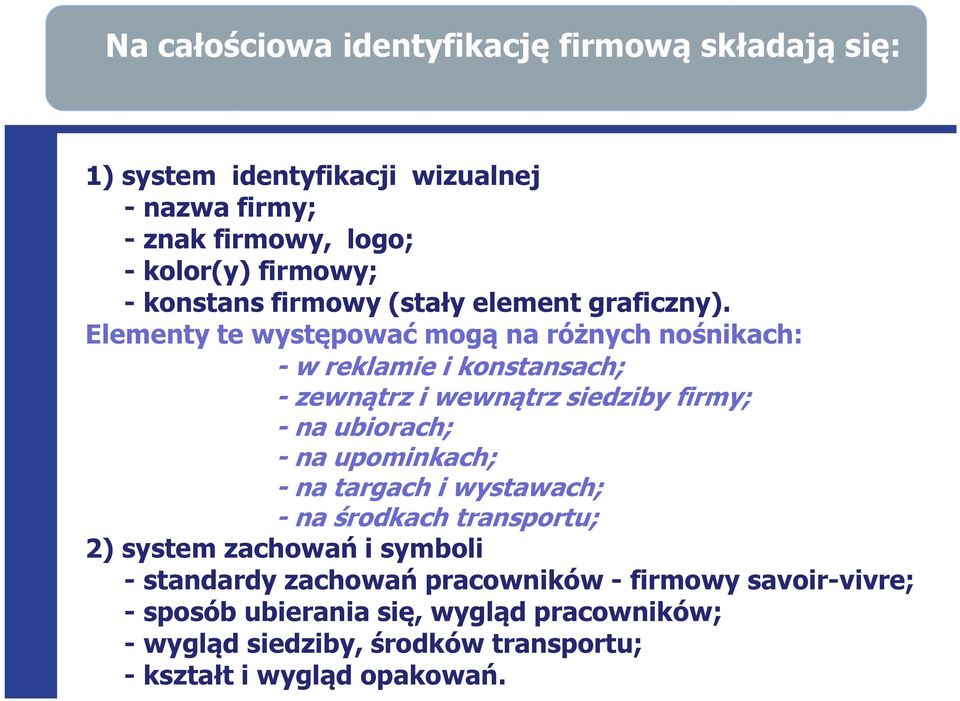 Elementy te występować mogą na różnych nośnikach: - w reklamie i konstansach; - zewnątrz i wewnątrz siedziby firmy; - na ubiorach; - na