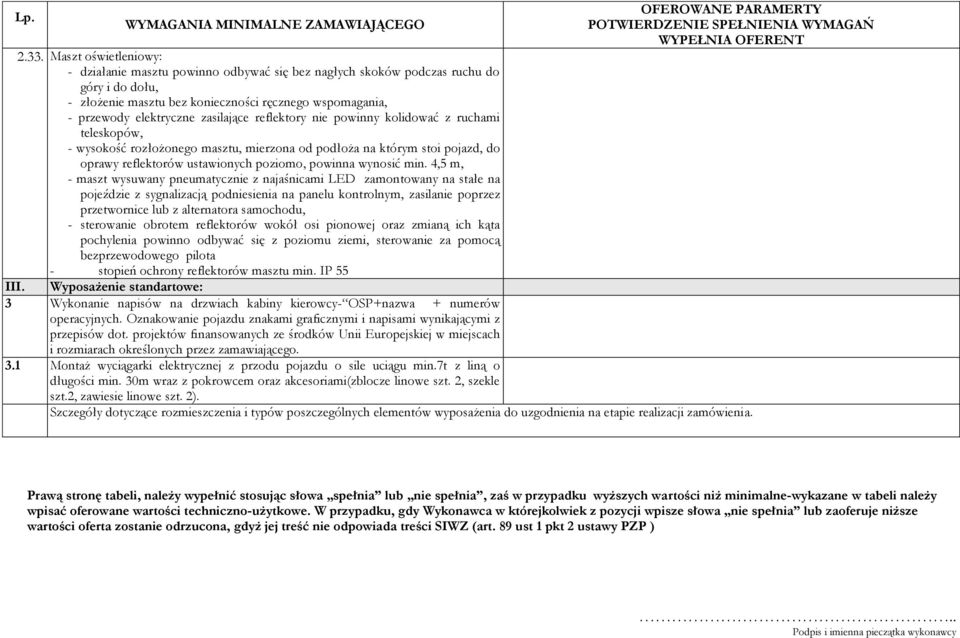 min. 4,5 m, - maszt wysuwany pneumatycznie z najaśnicami LED zamontowany na stałe na pojeździe z sygnalizacją podniesienia na panelu kontrolnym, zasilanie poprzez przetwornice lub z alternatora