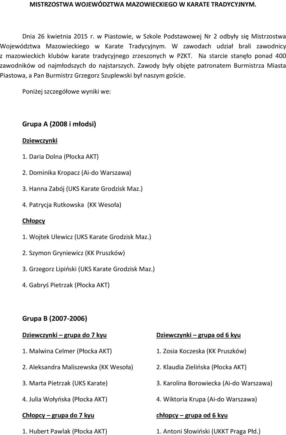 Zawody były objęte patronatem Burmistrza Miasta Piastowa, a Pan Burmistrz Grzegorz Szuplewski był naszym goście. Poniżej szczegółowe wyniki we: Grupa A (2008 i młodsi) Dziewczynki 1.