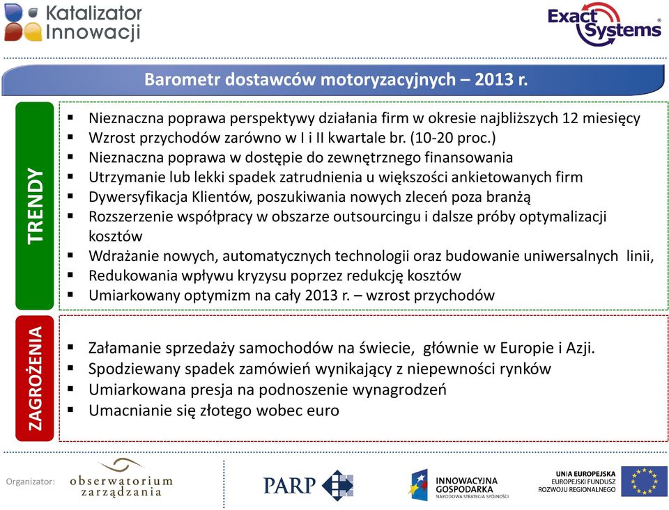 ) Nieznaczna poprawa w dostępie do zewnętrznego finansowania Utrzymanie lub lekki spadek zatrudnienia u większości ankietowanych firm Dywersyfikacja Klientów, poszukiwania nowych zleceń poza branżą