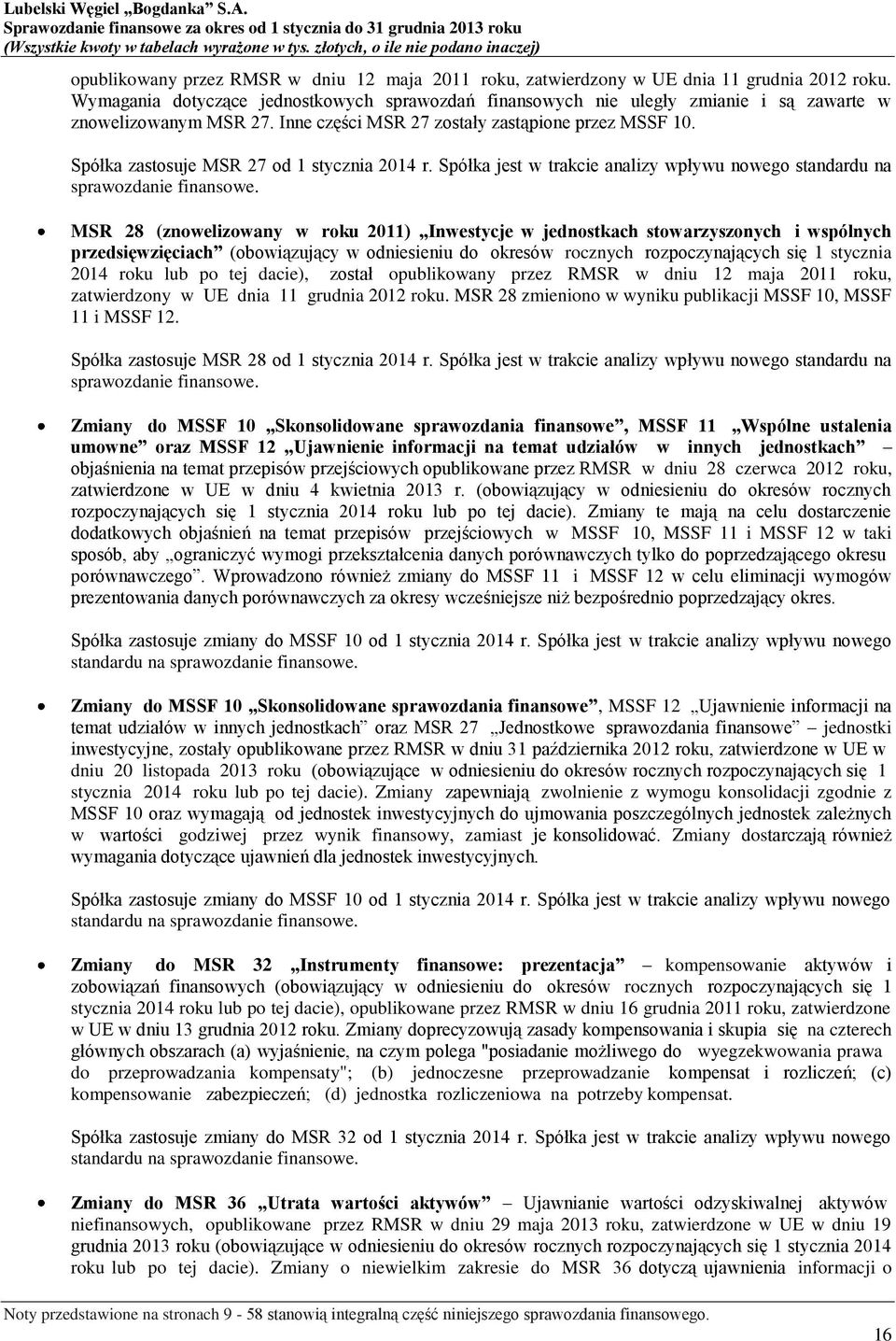 Spółka zastosuje MSR 27 od 1 stycznia 2014 r. Spółka jest w trakcie analizy wpływu nowego standardu na sprawozdanie finansowe.