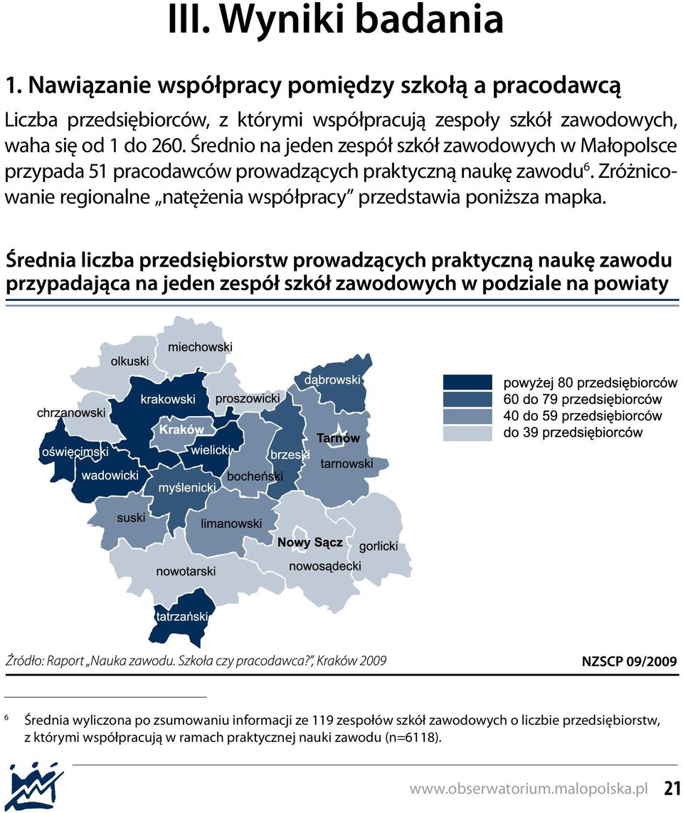 od 1 do 260. Średnio na jeden zespół szkół zawodowych w Małopolsce przypada 51 pracodawców prowadzących praktyczną naukę zawodu 6.