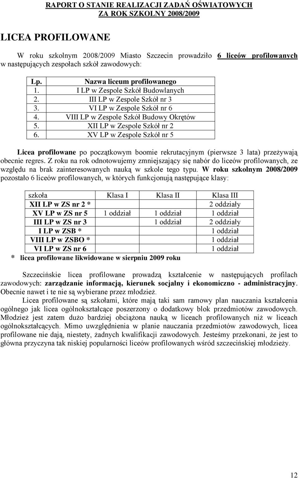 XV LP w Zespole Szkół nr 5 Licea profilowane po początkowym boomie rekrutacyjnym (pierwsze 3 lata) przeżywają obecnie regres.