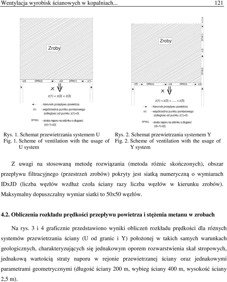 (odleglosc od punktu z(1)=) - strata naporu na odcinku o dlugosci z(i+1)-z(i) Rys. 1. Schemat przewietrzania systemem U Fig. 1. Scheme of ventilation with the usage of U system z(i) DPW(i) z(1) < z() <.