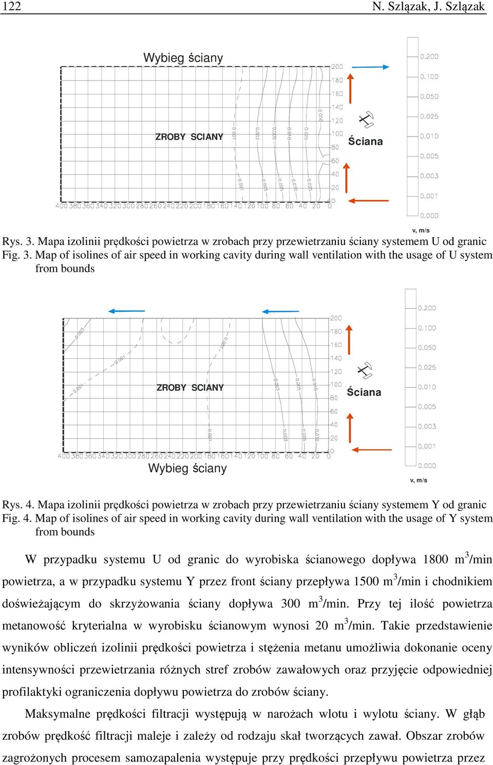 Map of isolines of air speed in working cavity during wall ventilation with the usage of Y system from bounds W przypadku systemu U od granic do wyrobiska ścianowego dopływa 18 m 3 /min powietrza, a