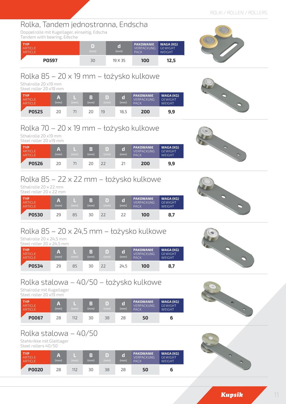 x 22 mm Steel roller 20 x 22 mm WG (KG) P0526 20 71 20 22 21 200 9,9 WG (KG) P0530 29 85 30 22 22 100 8,7 Rolka 85 20 x 24,5 mm łożysko kulkowe Stalrolle 20 x 24,5 mm Steel roller 20 x 24,5 mm WG