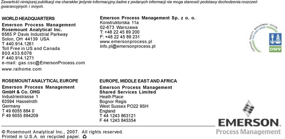 csc@emersonprocess.com www.raihome.com ROSEMOUNT ANALYTICAL EUROPE Emerson Process Management GmbH & Co.