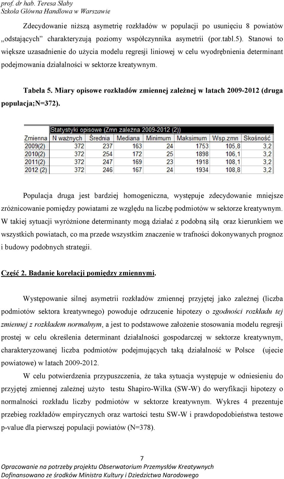 Miary opisowe rozkładów zmiennej zależnej w latach 2009-2012 (druga populacja;n=372).