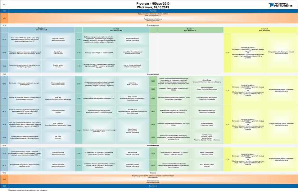 Sala: Ballroom AB Ścieżka 3 Sala: Ballroom EF Ścieżka 4 Sala: Ballroom C 10:30 Nowe CompactRIO, czyli oparty o układ Zynq sterownik automatyki pracujący pod kontrolą systemu operacyjnego Linux RT.