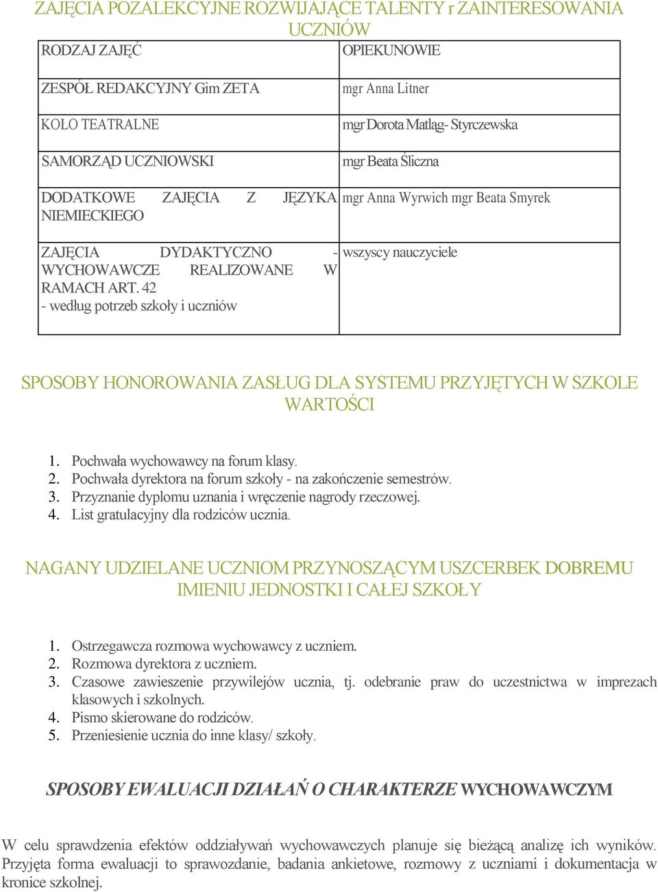 42 - według potrzeb szkoły i uczniów SPOSOBY HONOROWANIA ZASŁUG DLA SYSTEMU PRZYJĘTYCH W SZKOLE WARTOŚCI 1. Pochwała wychowawcy na forum klasy. 2.