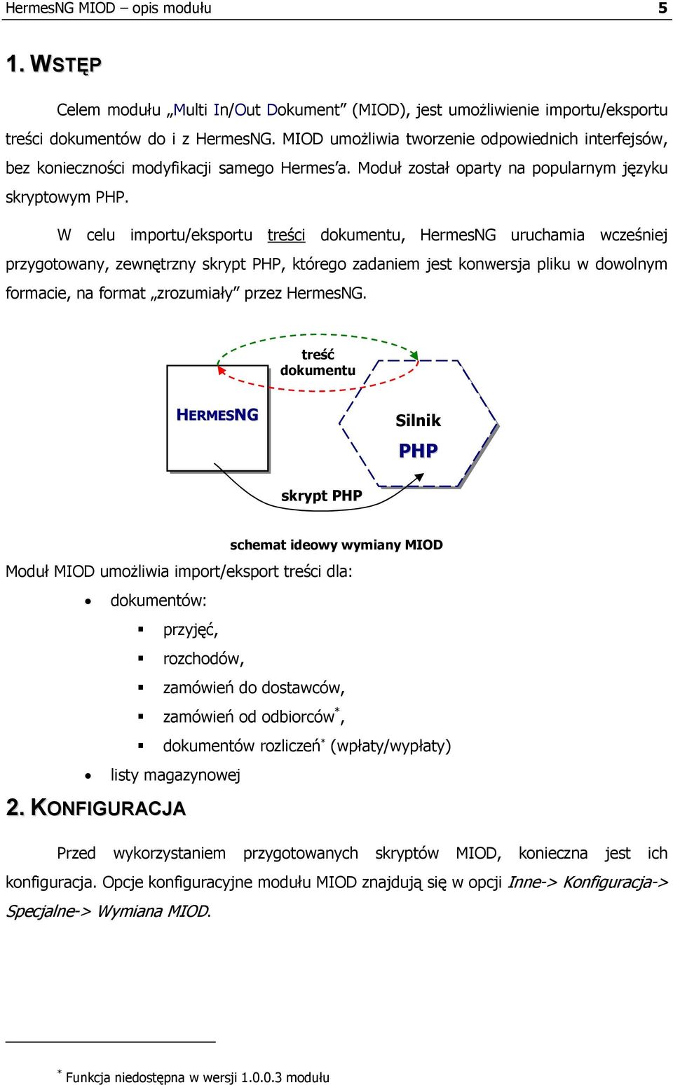 W celu importu/eksportu treści dokumentu, HermesNG uruchamia wcześniej przygotowany, zewnętrzny skrypt PHP, którego zadaniem jest konwersja pliku w dowolnym formacie, na format zrozumiały przez