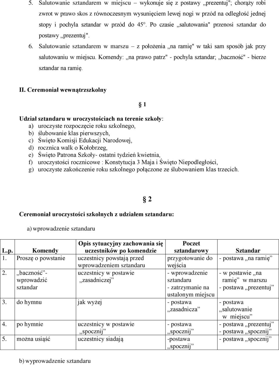 Komendy: na prawo patrz" - pochyla sztandar; baczność" - bierze sztandar na ramię. II.