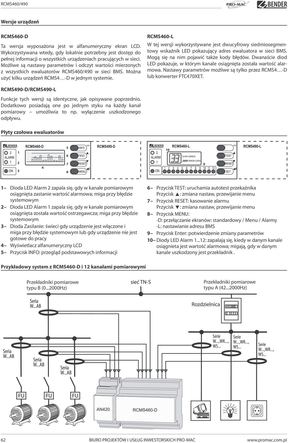 Możliwe są nastawy parametrów i odczyt wartości mierzonych z wszystkich ewaluatorów RCMS460/490 w sieci BMS. Można użyć kilku urządzeń RCMS4 -D w jednym systemie.