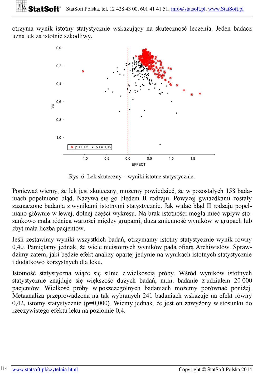 Powyżej gwiazdkami zostały zaznaczone badania z wynikami istotnymi statystycznie. Jak widać błąd II rodzaju popełniano głównie w lewej, dolnej części wykresu.