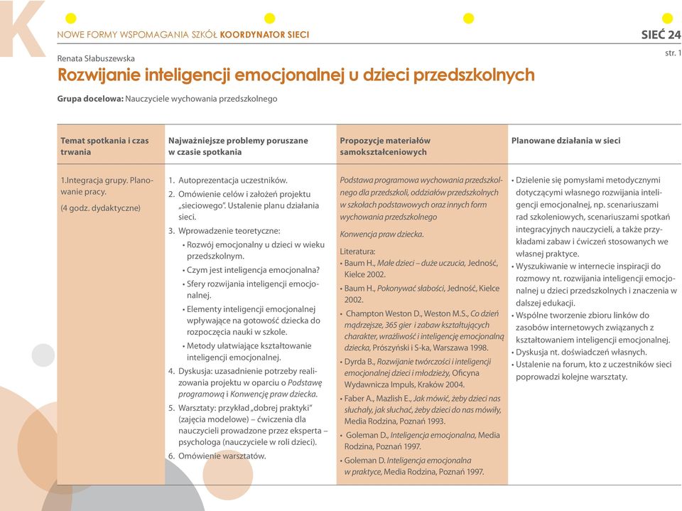 działania w sieci 1.Integracja grupy. Planowanie pracy. (4 godz. dydaktyczne) 1. Autoprezentacja uczestników. 2. Omówienie celów i założeń projektu sieciowego. Ustalenie planu działania sieci. 3.