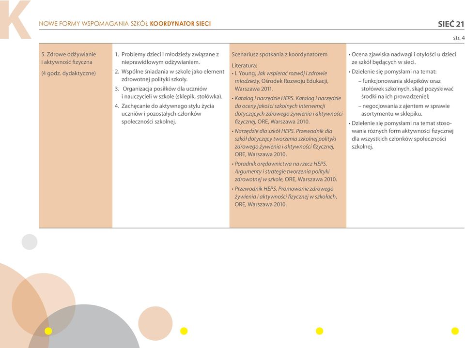 Scenariusz spotkania z koordynatorem Literatura: I. Young, Jak wspierać rozwój i zdrowie młodzieży, Ośrodek Rozwoju Edukacji, Warszawa 2011. Katalog i narzędzie HEPS.