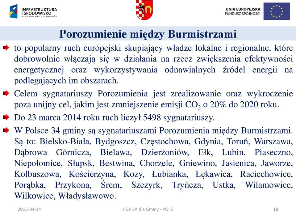 Celem sygnatariuszy Porozumienia jest zrealizowanie oraz wykroczenie poza unijny cel, jakim jest zmniejszenie emisji CO 2 o 20% do 2020 roku. Do 23 marca 2014 roku ruch liczył 5498 sygnatariuszy.