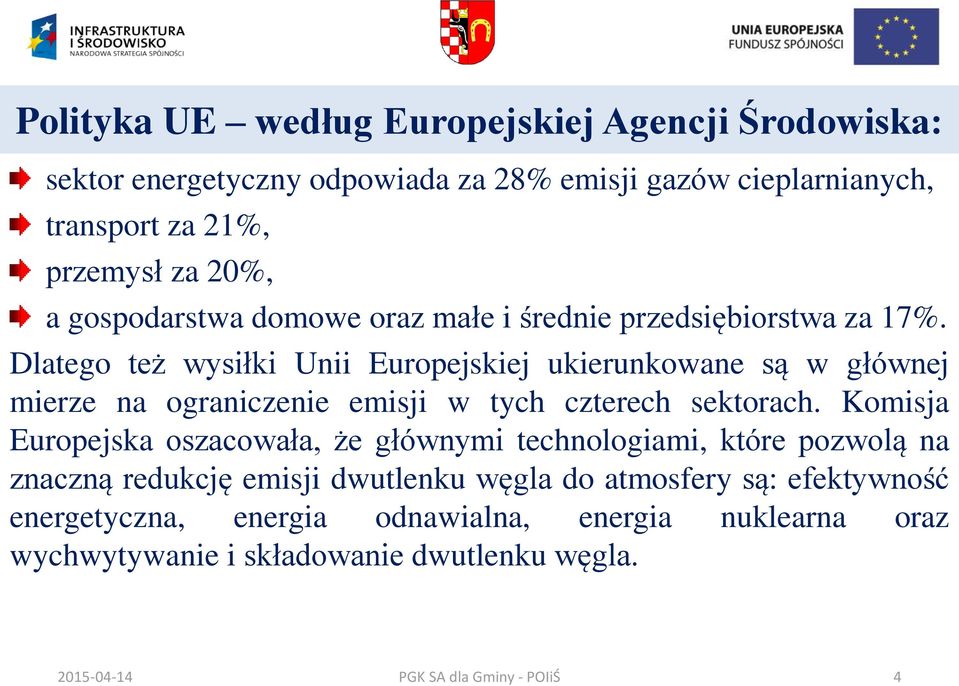 Dlatego też wysiłki Unii Europejskiej ukierunkowane są w głównej mierze na ograniczenie emisji w tych czterech sektorach.