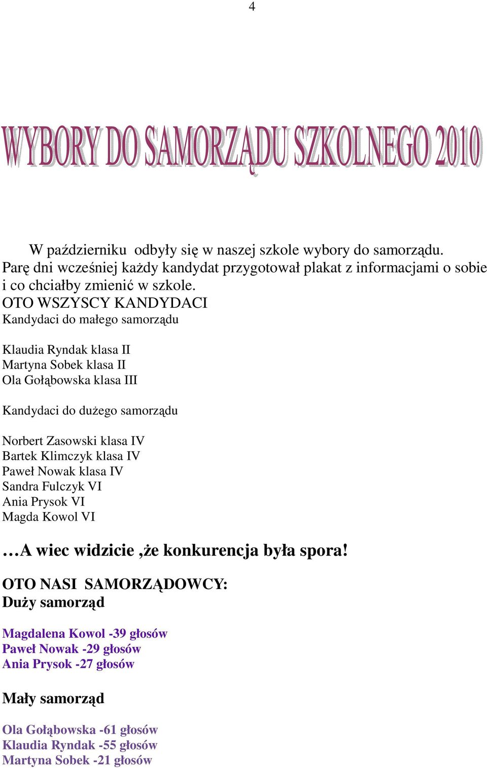 klasa IV Bartek Klimczyk klasa IV Paweł Nowak klasa IV Sandra Fulczyk VI Ania Prysok VI Magda Kowol VI A wiec widzicie,ŝe konkurencja była spora!