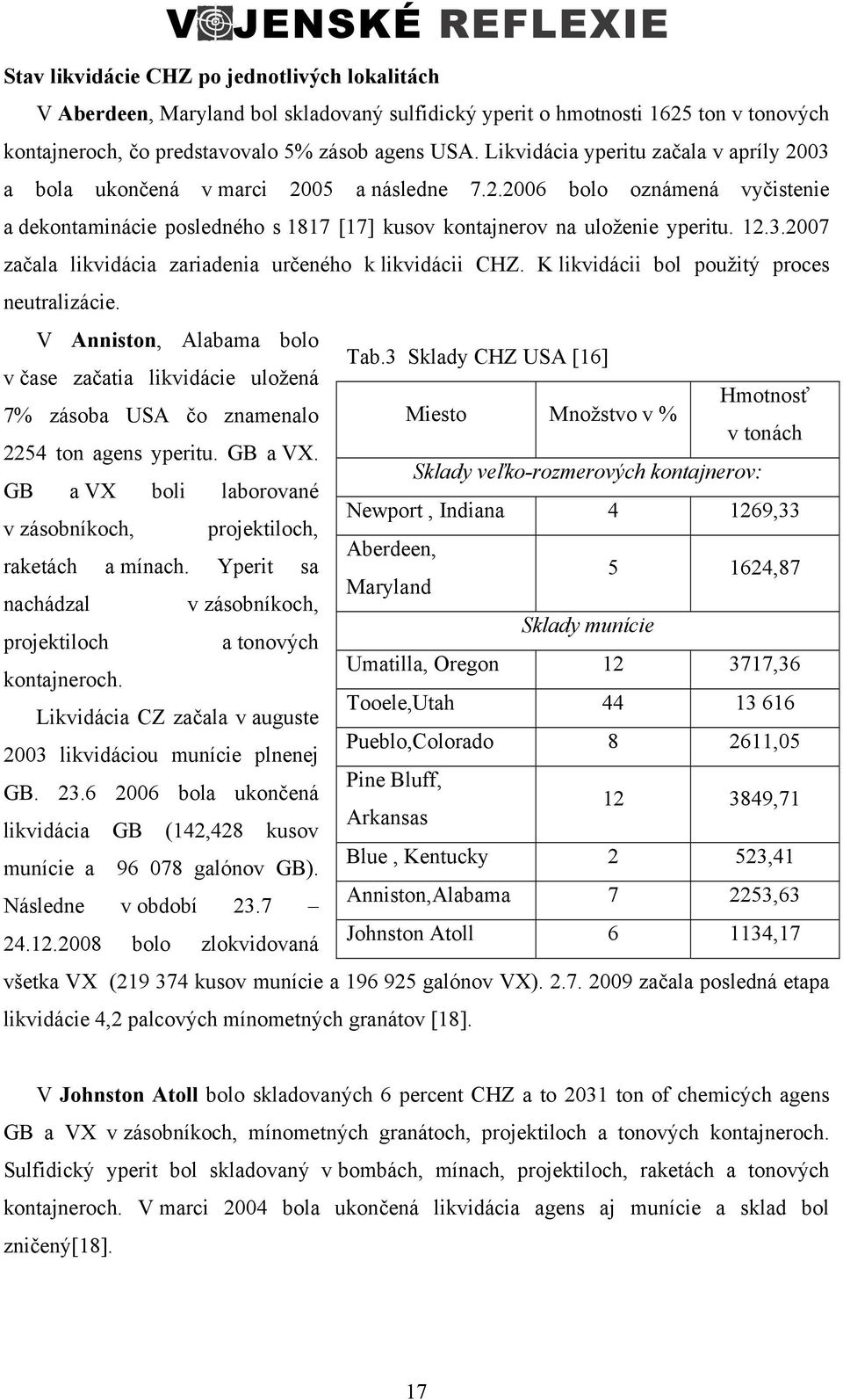 K likvidácii bol použitý proces neutralizácie. V Anniston, Alabama bolo v čase začatia likvidácie uložená 7% zásoba USA čo znamenalo 2254 ton agens yperitu. GB a VX.