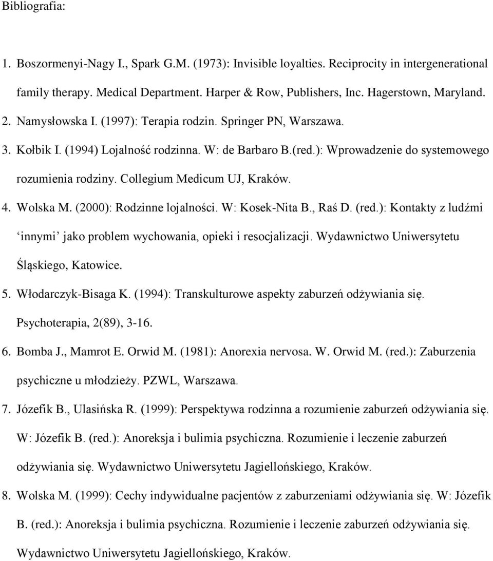 Collegium Medicum UJ, Kraków. 4. Wolska M. (2000): Rodzinne lojalności. W: Kosek-Nita B., Raś D. (red.): Kontakty z ludźmi innymi jako problem wychowania, opieki i resocjalizacji.