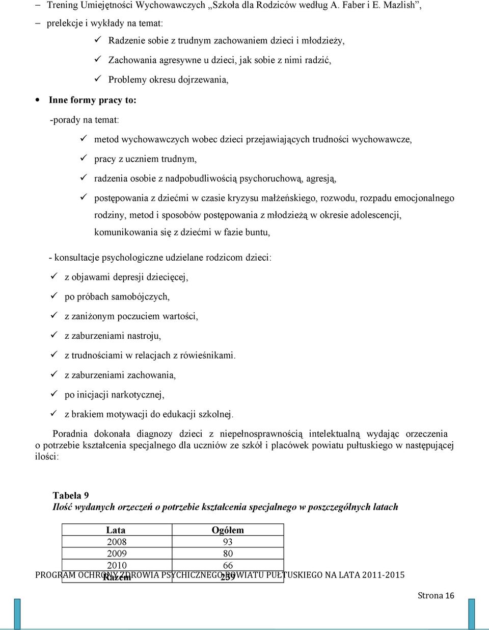 to: -porady na temat: metod wychowawczych wobec dzieci przejawiających trudności wychowawcze, pracy z uczniem trudnym, radzenia osobie z nadpobudliwością psychoruchową, agresją, postępowania z