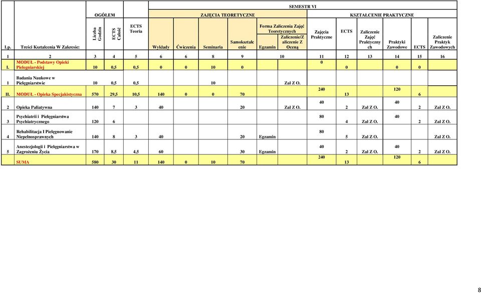 Zajęć Praktyczny ch Praktyki Zawodowe ECTS Zaliczenie Praktyk Zawodowych 1 2 3 4 5 6 6 8 9 10 11 12 13 14 15 16 MODUŁ - Podstawy Opieki 0 I.