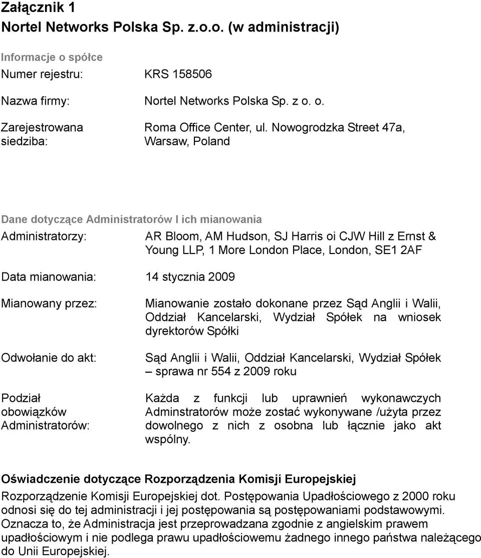 LLP, 1 More London Place, London, SE1 2AF Mianowany przez: Odwołanie do akt: Podział obowiązków Administratorów: Mianowanie zostało dokonane przez Sąd Anglii i Walii, Oddział Kancelarski, Wydział