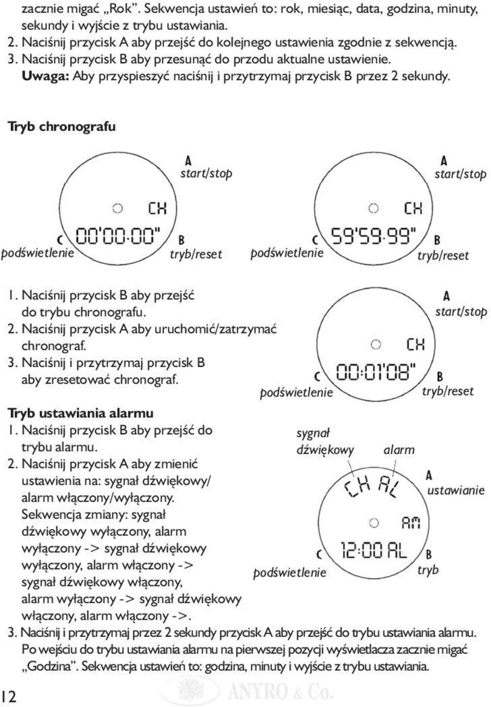 Tryb chronografu start/stop start/stop podświetlenie tryb/reset podświetlenie tryb/reset 1. Naciśnij przycisk B aby przejść do trybu chronografu. 2.