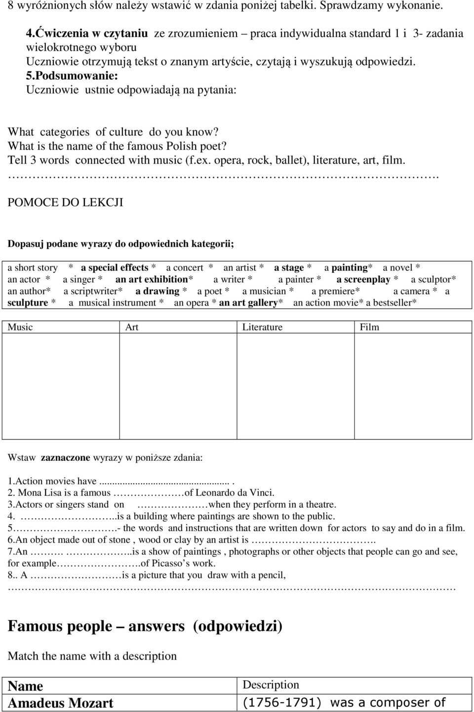 Podsumowanie: Uczniowie ustnie odpowiadają na pytania: What categories of culture do you know? What is the name of the famous Polish poet? Tell 3 words connected with music (f.ex.