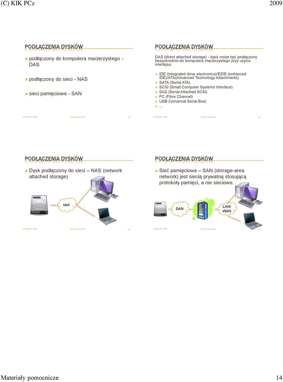 ATA) SCSI (Small Computer Systems Interface) SAS (Serial Attached SCSI) FC (Fibre Channel) USB (Universal Serial Bus) 79 80 PODŁĄCZENIA DYSKÓW Dysk podłączony do sieci NAS (network