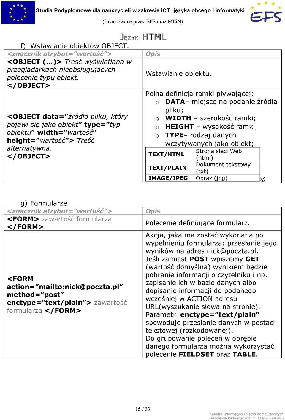 ramki; obiektu width= wartość o TYPE rodzaj danych height= wartość > Treść wczytywanych jako obiekt; alternatywna.