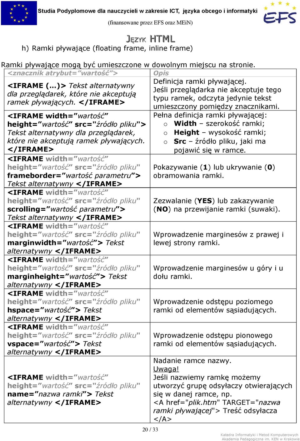 </IFRAME> umieszczony pomiędzy znacznikami. <IFRAME width= wartość height= wartość src="źródło pliku"> Tekst alternatywny dla przeglądarek, które nie akceptują ramek pływających.