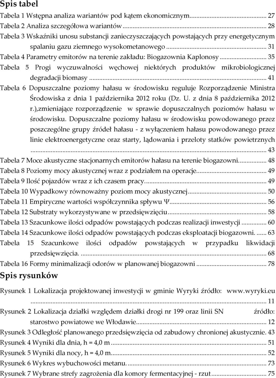 .. 31 Tabela 4 Parametry emitorów na terenie zakładu: Biogazownia Kaplonosy... 35 Tabela 5 Progi wyczuwalności węchowej niektórych produktów mikrobiologicznej degradacji biomasy.