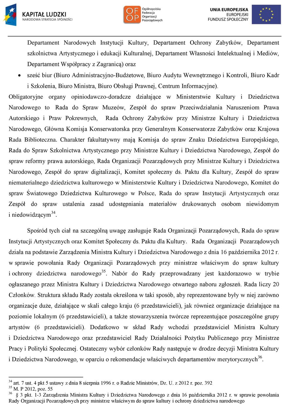 Obligatoryjne organy opiniodawczo-doradcze działające w Ministerstwie Kultury i Dziedzictwa Narodowego to Rada do Spraw Muzeów, Zespół do spraw Przeciwdziałania Naruszeniom Prawa Autorskiego i Praw