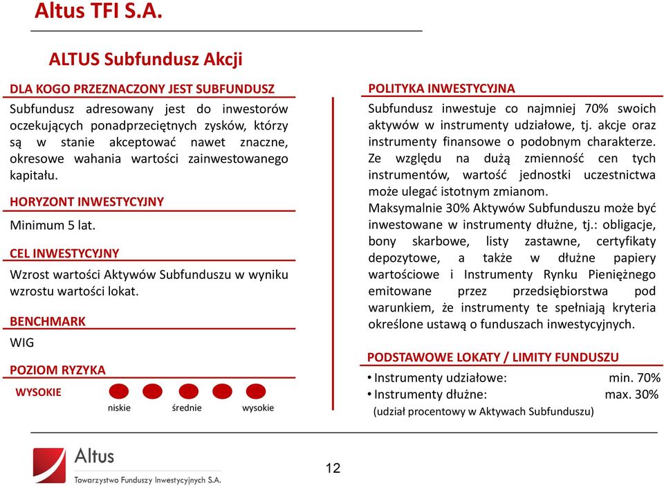 BENCHMARK WIG POZIOM RYZYKA WYSOKIE niskie średnie wysokie POLITYKA INWESTYCYJNA Subfundusz inwestuje co najmniej 70% swoich aktywów w instrumenty udziałowe, tj.