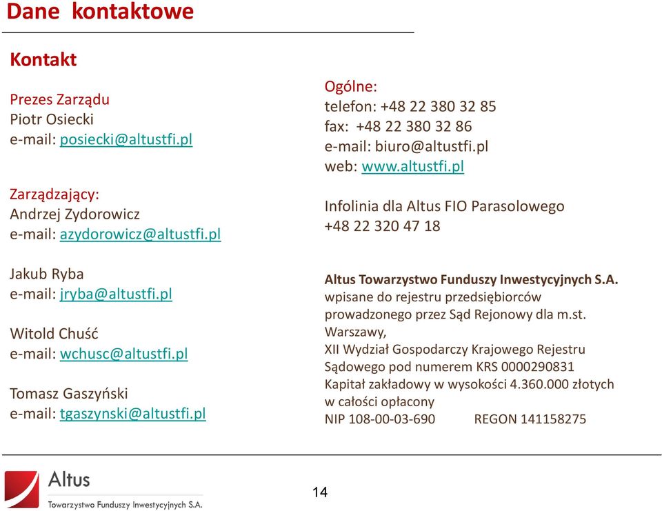 altustfi.pl Infolinia dla Altus FIO Parasolowego +48 22 320 47 18 Altus Towarzystwo Funduszy Inwestycyjnych S.A. wpisane do rejestru przedsiębiorców prowadzonego przez Sąd Rejonowy dla m.